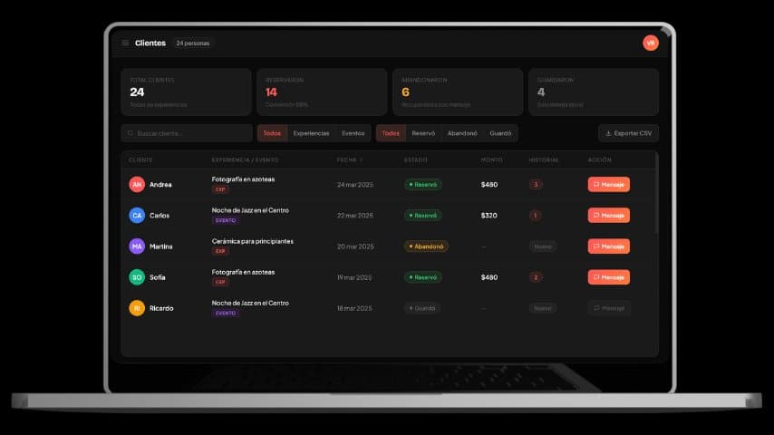 Panel CRM — reservas y clientes en Clapzy